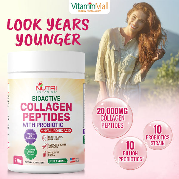 Nutri Botanics Bioactive Collagen Peptides Powder with Probiotic + Hyaluronic Acid – 275g