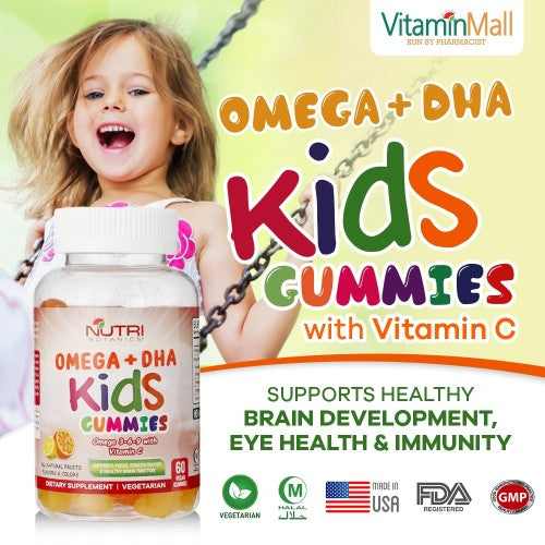 Nutri Botanics Vegetarian Kids Omega + DHA Gummies with Vitamin C – 60 Gummies