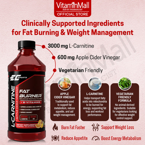 EC Sports Liquid L Carnitine + Apple Cider Vinegar - 473ml